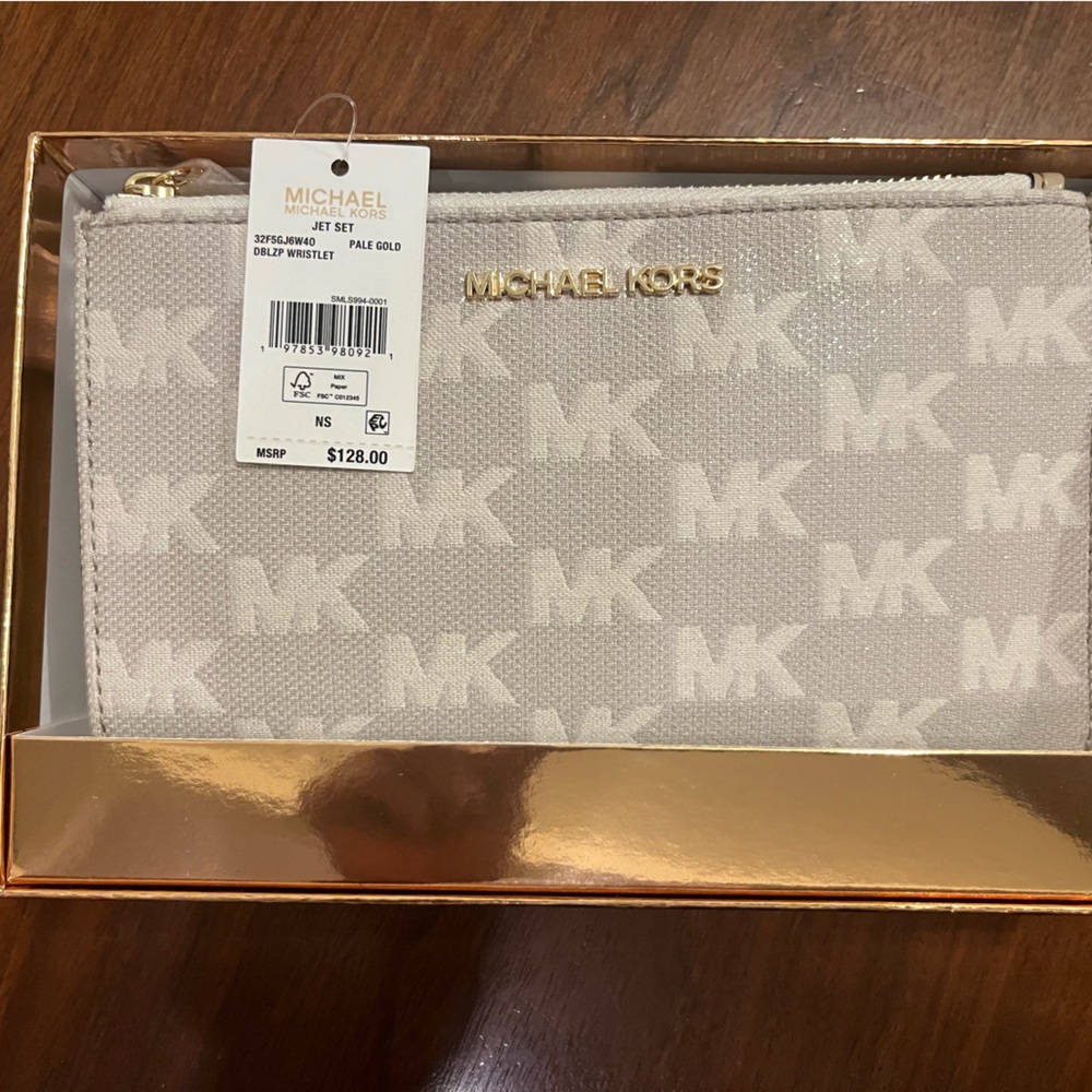 Michael Kors Jet Set Double Zip Wristlet Pale Gold New With Tags Clutch Wallet